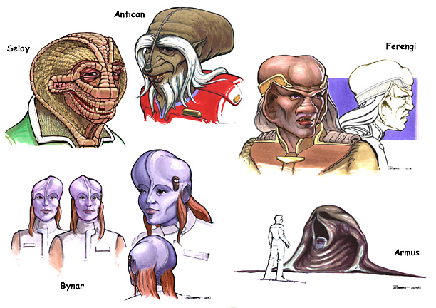 In addition to the ships and sets I was asked to design, there were a number of aliens to consider too.  The makeup guru: Michael Westmore was GREAT to work with, and was kind enough to accept these ideas, eventhough he's a fantastic designer himself.